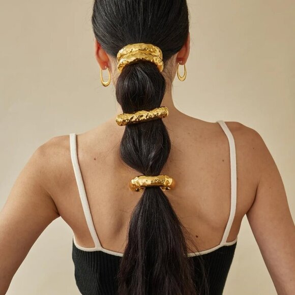 18K Gold Chunky Hammered Arch Hair Cuffs Hair Ties, Stainless Steel Ponytail Cuf - Picture 2 of 9